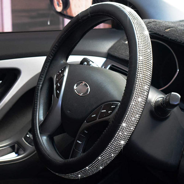 Steering Wheel Cover with Bling Bling Crystal Rhinestones, Universal Fit -15 Inch